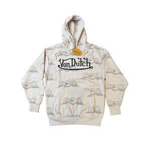 Von Dutch Hoodie Mens Small Beige Tan Pullover Fleece Winged Eyeball AOP Graphic